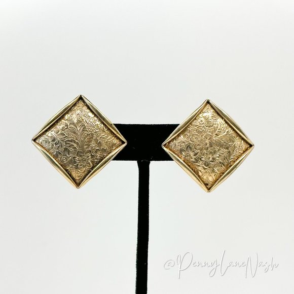 Vintage Jewelry - Vintage Square Etched Gold Plate Stud Earrings